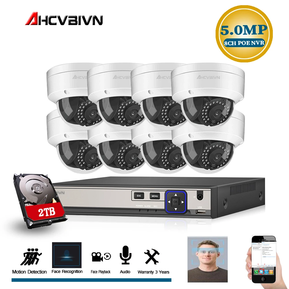 Full HD 5.0MP 8-канальная система видеонаблюдения 8 шт. 5MP антивандальный Водонепроницаемый купол ip-камера POE NVR CCTV Kit HDMI P2P Email Alarm xmeye