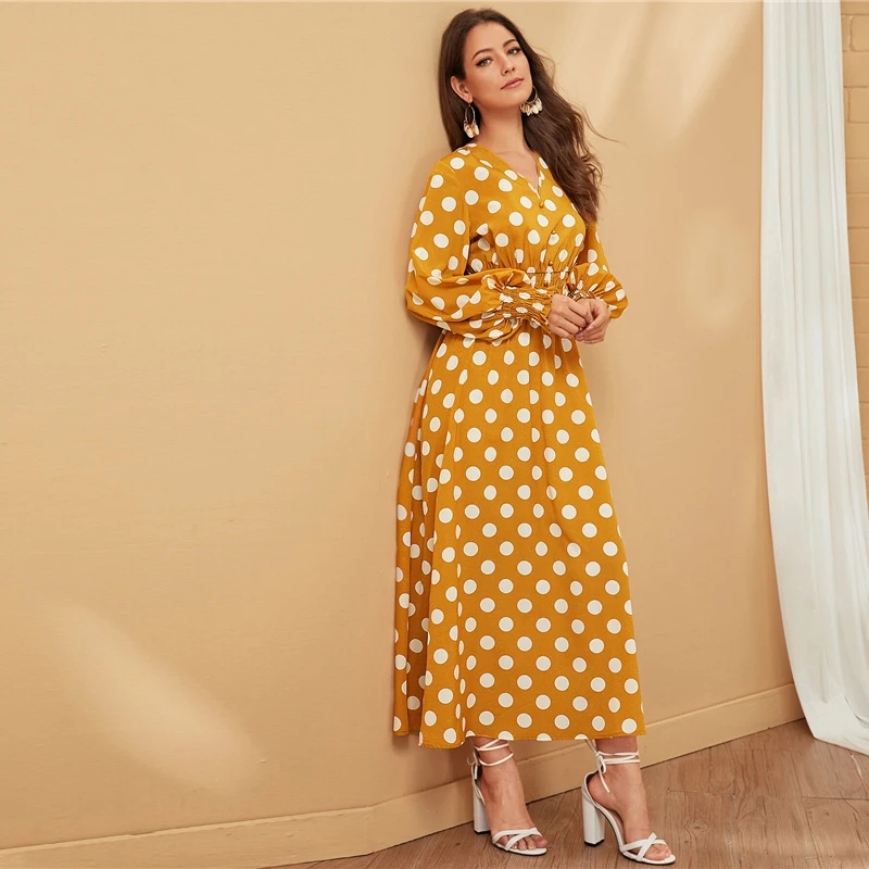 SHEIN, желтое, с v-образным вырезом, в горошек, на пуговицах, спереди, на талии, Бохо длинное платье, женское праздничное, осеннее, с рукавом-Бишопом, ТРАПЕЦИЕВИДНОЕ, макси платье