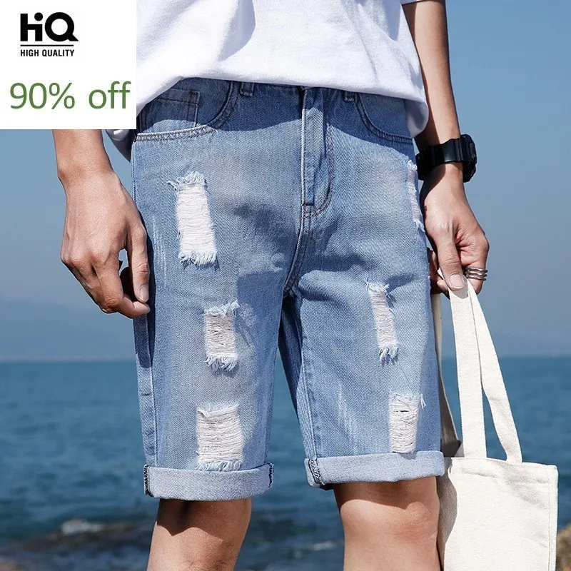 

Casual Mens Shorts Summer 2020 New Fashion High Street Slim Fit Knee-Length Denim Trousers Straight Hole Ripped Jeans Short Man