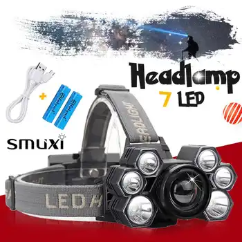 

85000lm LED Smuxi headlamp 7*t6 headlight 5 modes head light waterproof flashlight zoomable use 18650 for hunting cycling