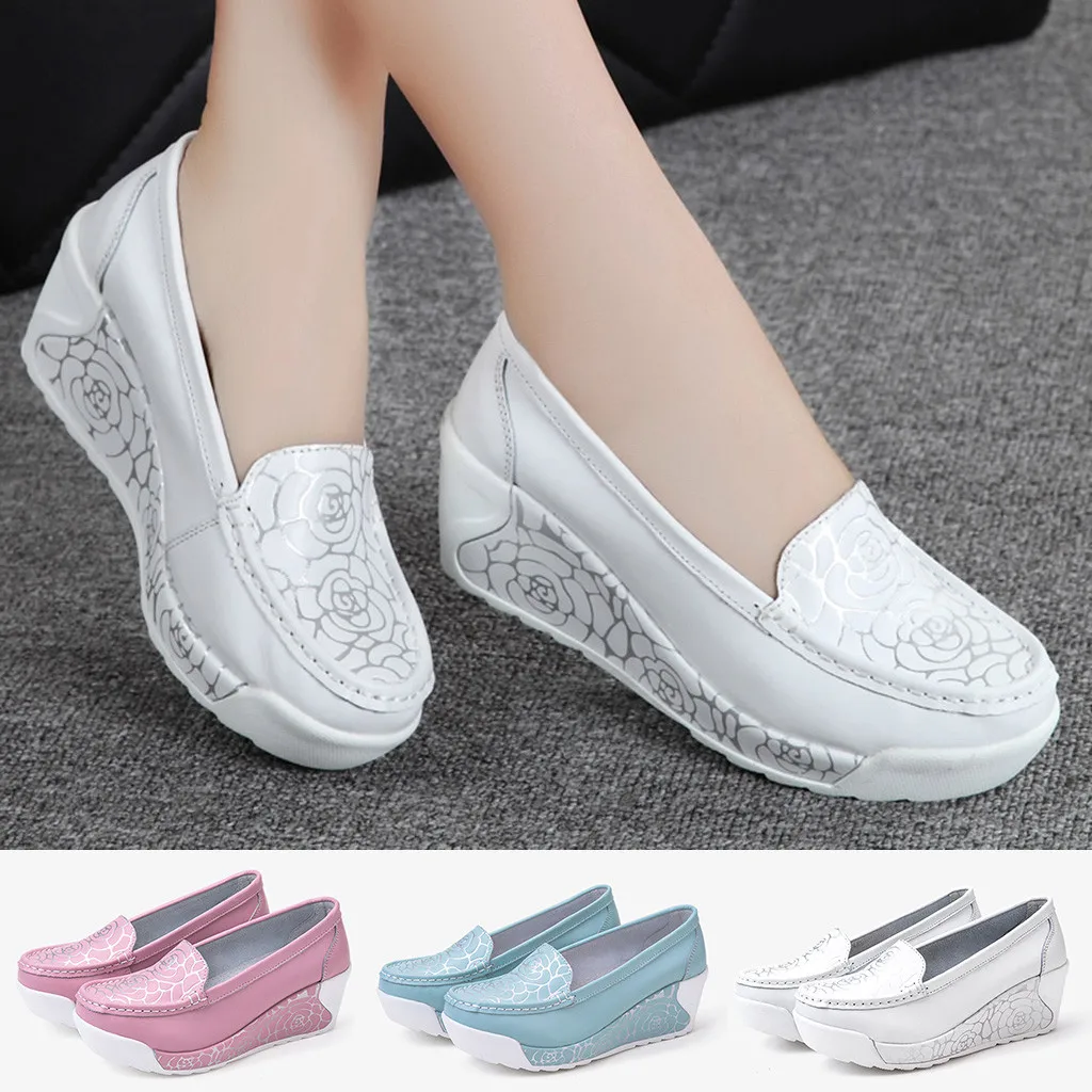 

platform white lazy shoes woman Fashion Casual Solid Slip On Wedges Thick Bottom Platforms Work Shoes slip-on loafers 2019