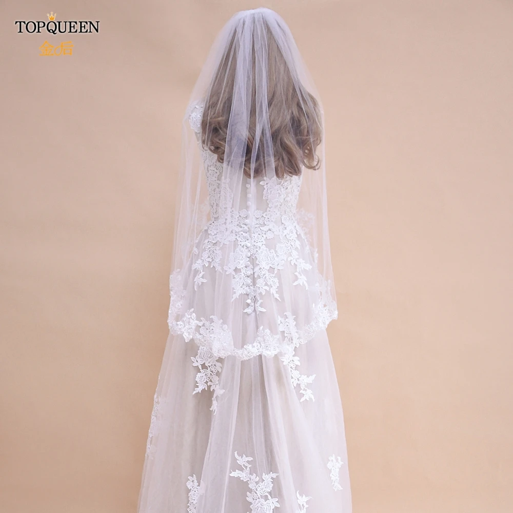 

TOPQUEEN V48 Short Simple Bride Veil with Lace Embroidery White Ivory Wedding Tulle with Hair Comb for Women Marriage Banquet