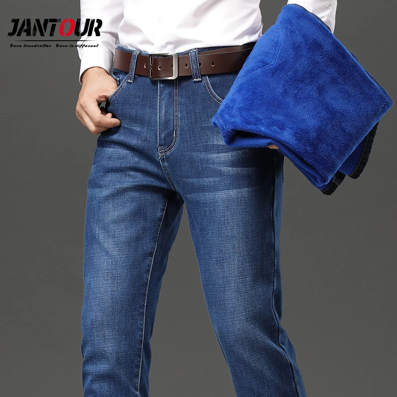 

2020 Brand Warm Fleece Jeans Mens winter High Quality velvet Jean trousers flocking warm soft men pants Large size 40 42 44 46