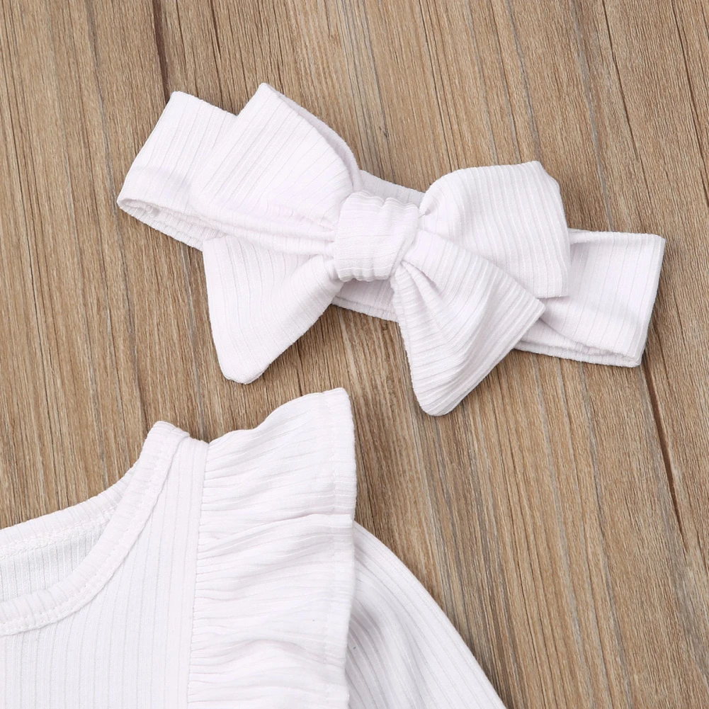 Pudcoco Одежда для маленьких девочек и мальчиков сплошной цвет вязания хлопковая футболка с длинными рукавами Детский комбинезон с повязкой-бантом, комплект из 2 предметов, одежда