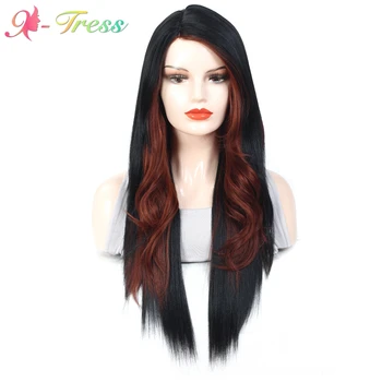 

X-TRESS Split Color 2 Part Splice Wigs Black & Dark Red Heat Resistant Trendy Lace Front Synthetic Wig for White Women 26 Inches