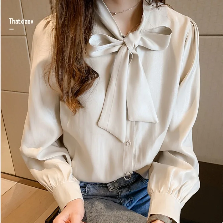 2019 Nieuwe Stijl Dames Jurk Elegante Boog Zijde Stoffen Shirt Vrouwen Lange Mouw Tops Loose-Fit Afslanken Shirt Base shirt Mode 2019 Nieuwe Stijl Dames Jurk Elegante Boog Zijde Stoffen Shirt Vrouwen Lange Mouw Tops Loose-Fit Afslanken Shirt Base shirt Mode