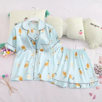 

2020 New Sleepwear Nightwear Satin Print Women 2PCS Pajamas Set Intimate Lingerie Sexy Pijamas Shirt&Shorts Home Clothes