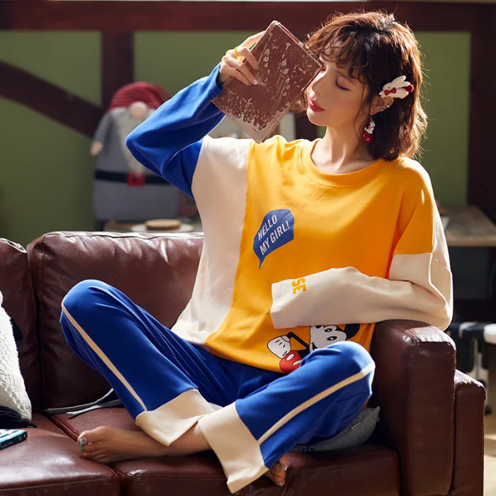 

Pajamas Women's Spring And Autumn 6535 Knitted Cotton Long Sleeve Trousers Crew Neck Women's Japanese Korean Nursing Home Wear T