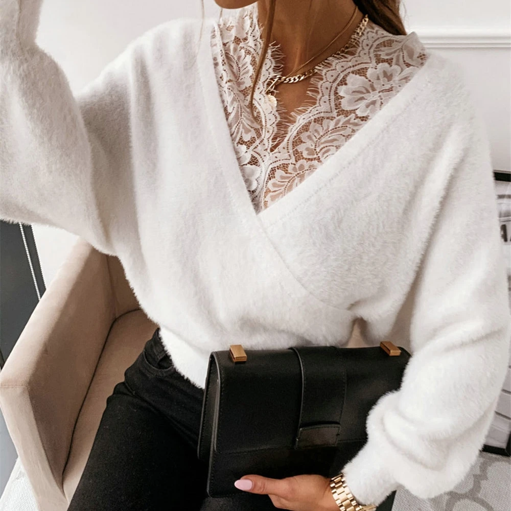 yellow sweater Fall Elegant Plush Sweater Solid Color Lace Splicing V-Neck Long Sleeve Stretch Crop Pullover Women Ladies Fashion Wild Clothes woolen sweater