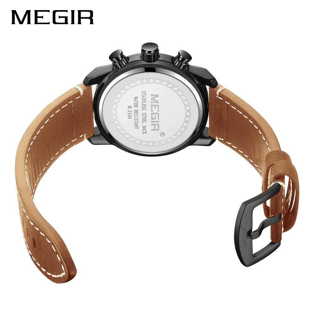 Megir New Fashion Mens Watches Waterproof Luminous Sports Wrist Watch Man Leather Chronograph Quart-3