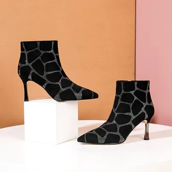 

Sheep suede pigskin lining high heel short boots women's pointed hot drilling fine heel fashion Joker sexy women's boots 2020new