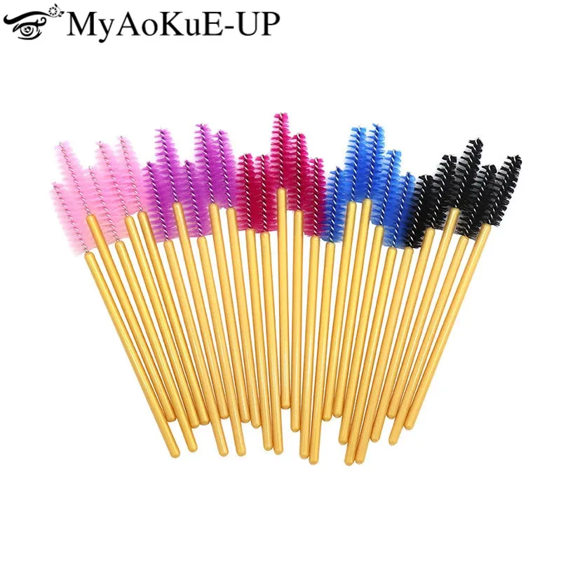 

200pcs Disposable Makeup Brushes Eyelash Mascara Wands Nylon Eyelash EyeBrow Comb Brushes Gold Color Make Up Brushes