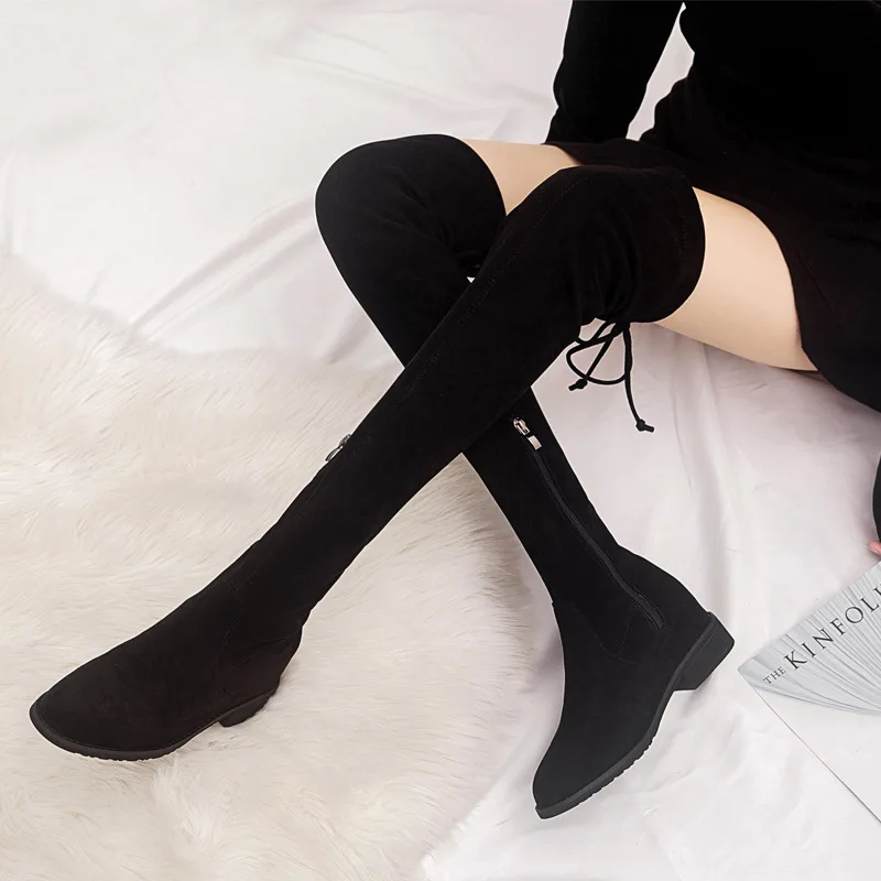 

Girl's Stretch high long boots suede over knee thigh high bottes mujer new height increasing plush fur lined boots big size shoe