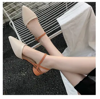 

Free Ship Summer Sandals Pointy Closed Toe Low Heel Leather Buckle Sandals Women Fashion Elegance Office Lady Pumps Shoes 3.5CM