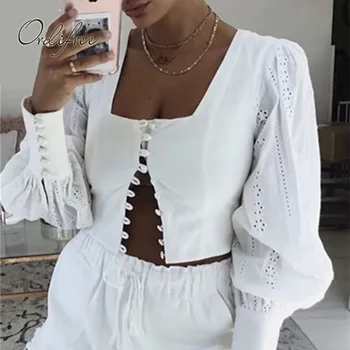 

Ordifree 2019 Summer Women White Blouse Shirt Long Sleeve Single Breasted Lace Crochet Female Blouse Short Tops