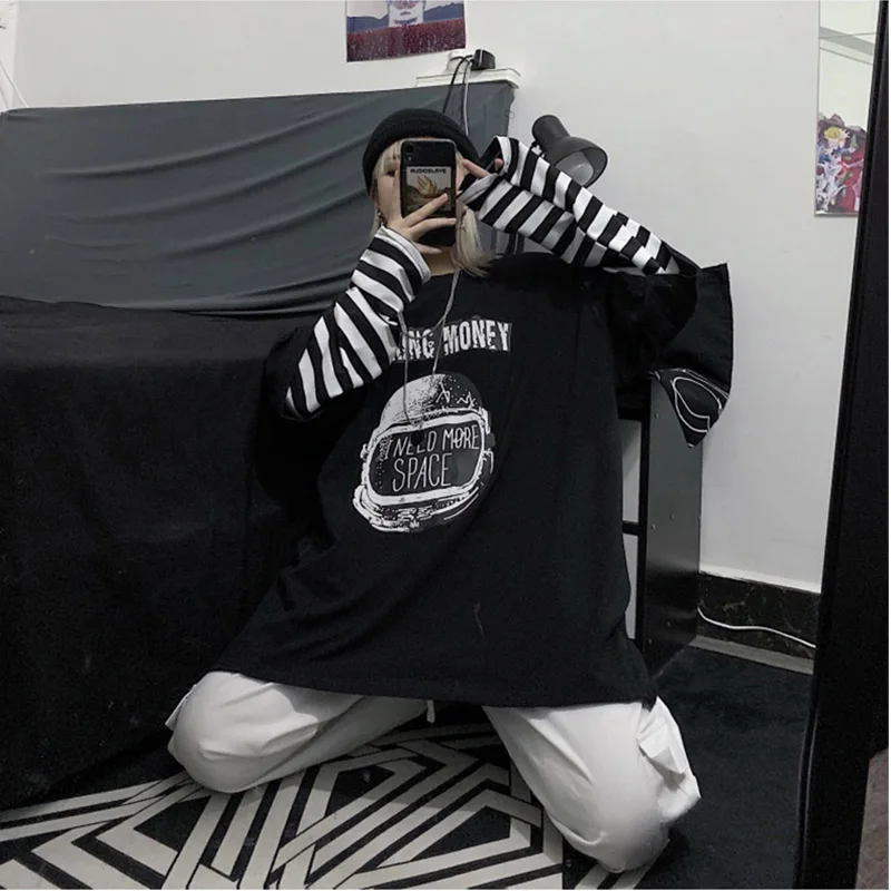 

Fake two Plus Size Long sleeve Harajuku women T-shirt Loose Autumn stripe Casual Streetwear Hip Hop Letter Print Tee Vogue tops