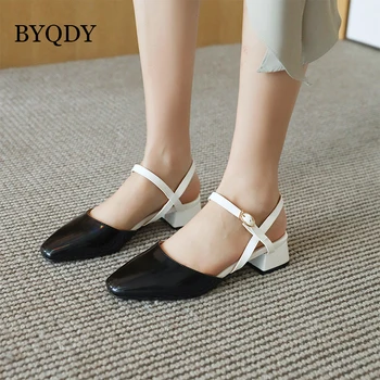 

BYQDY Spring Woman Pumps Casual Slingbacks Med Heels Buckle Decoration Patent Leather Shoes Square Toe Pumps Summer Shoes 34-48