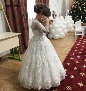 

White Ivory Lace Beads Flower Girls Dresses for Wedding Party O Neck Half Sleeves Kids Clothes Communion Dress Ball Gown