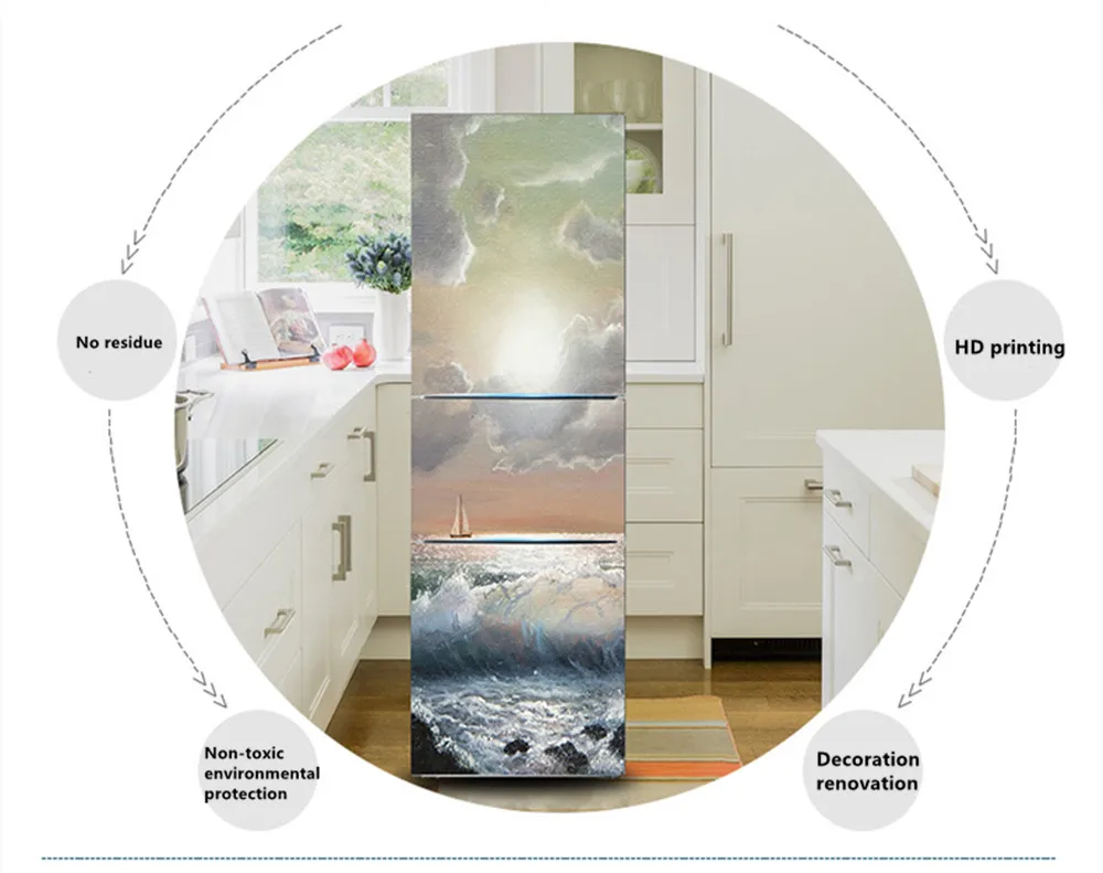 Новое поступление, модные 3D Виниловые наклейки на холодильник, самоклеющиеся водостойкие обои для кухни, парусник, пейзаж, домашний декор