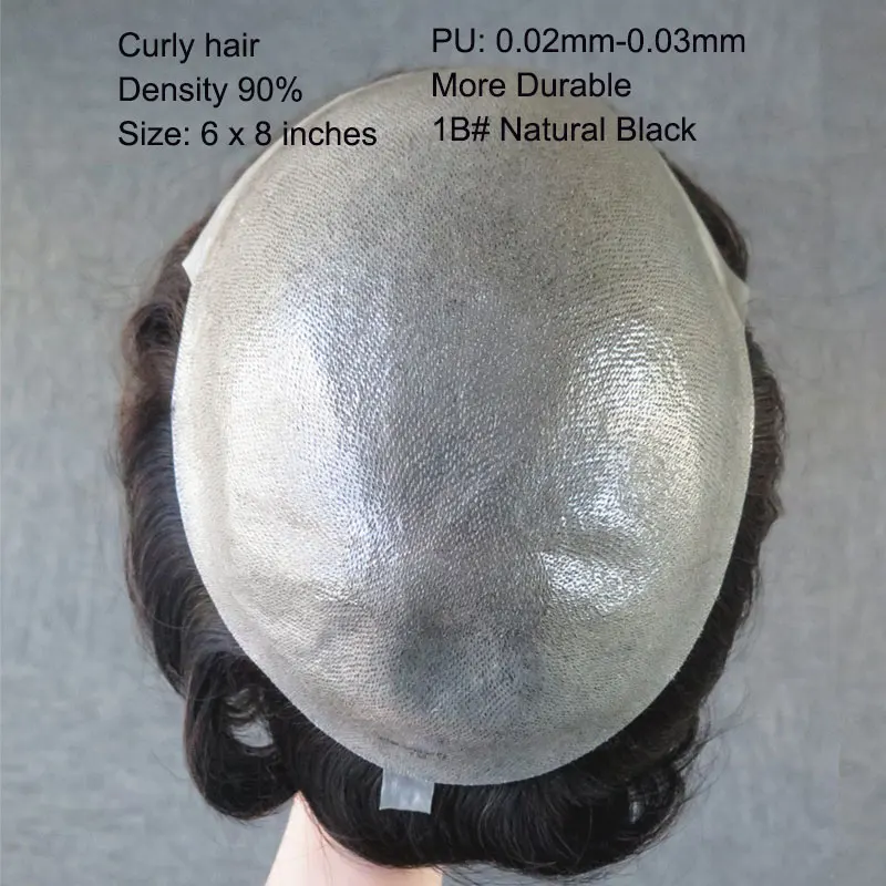 SEGO 6"x8" Men Toupee Poly V Loop PU Natural Hair Non-Remy Hair System Hairpieces Real Human Hair Replacements Wig Indian Hair