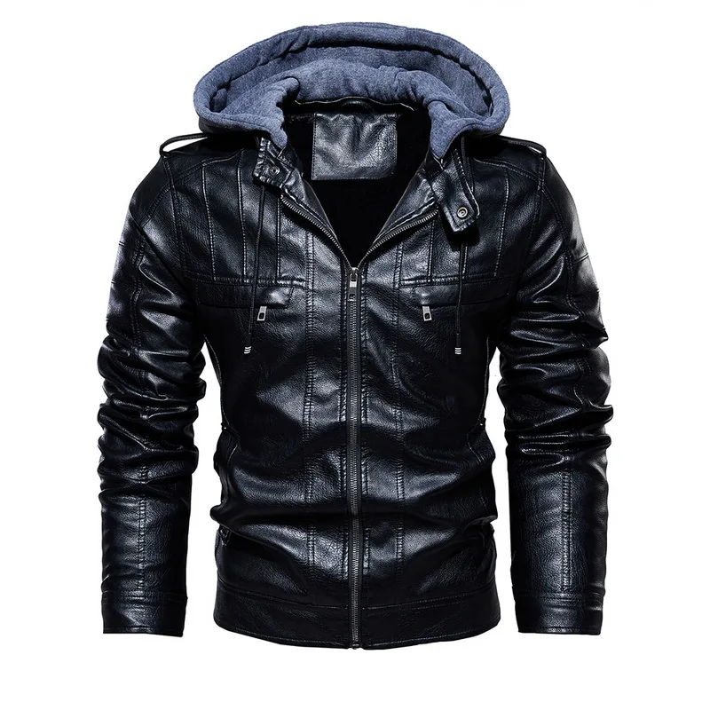 Black Style 2 Осень Зима Новая мотоциклетная кожаная куртка мужская теплая ветровка с капюшоном PU куртки мужская верхняя одежда PU бейсбольные куртки размер m-4XL - Цвет: Black Style 2