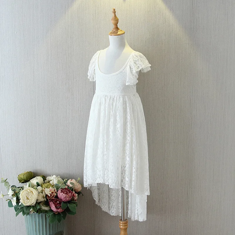 Kids Girls Full Lace Party Dress High Low Ruffles Beach White Long Holiday Cross Back Summer Clothes | Детская одежда и обувь