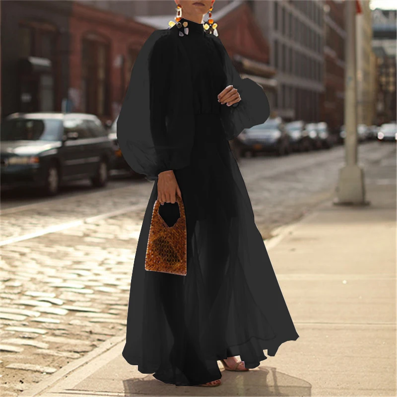 Женское богемное длинное платье, лето, пляжное платье с рукавом-фонариком, сексуальное прозрачное повседневное свободное платье размера плюс - Цвет: Черный