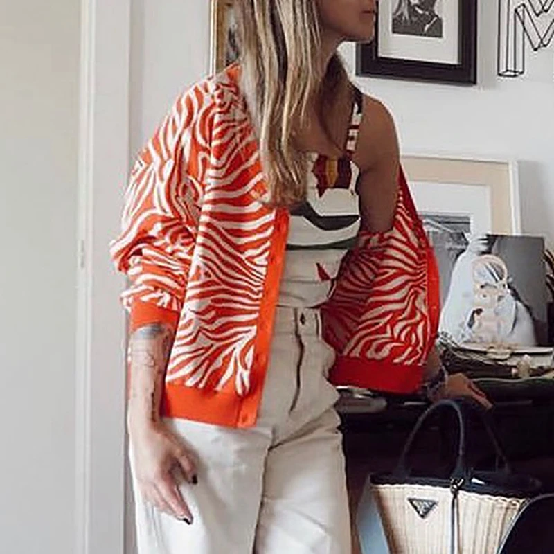 

Miguofan knitted sweater women orange striped zebra sweater cardigan femme fashion ladies crop kardigan za autumn winter 2020