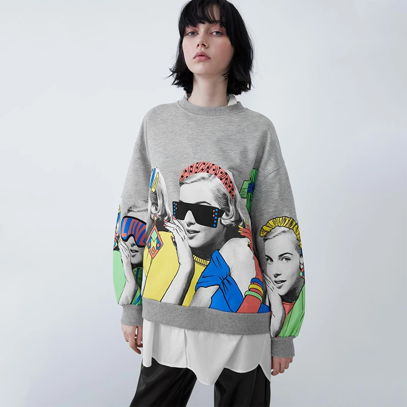 

2019 ZA New Printed Pullover Sweatshirt for Women Round Neck Street Girl Printing Casual Models Wild Loose Hatless for Girl