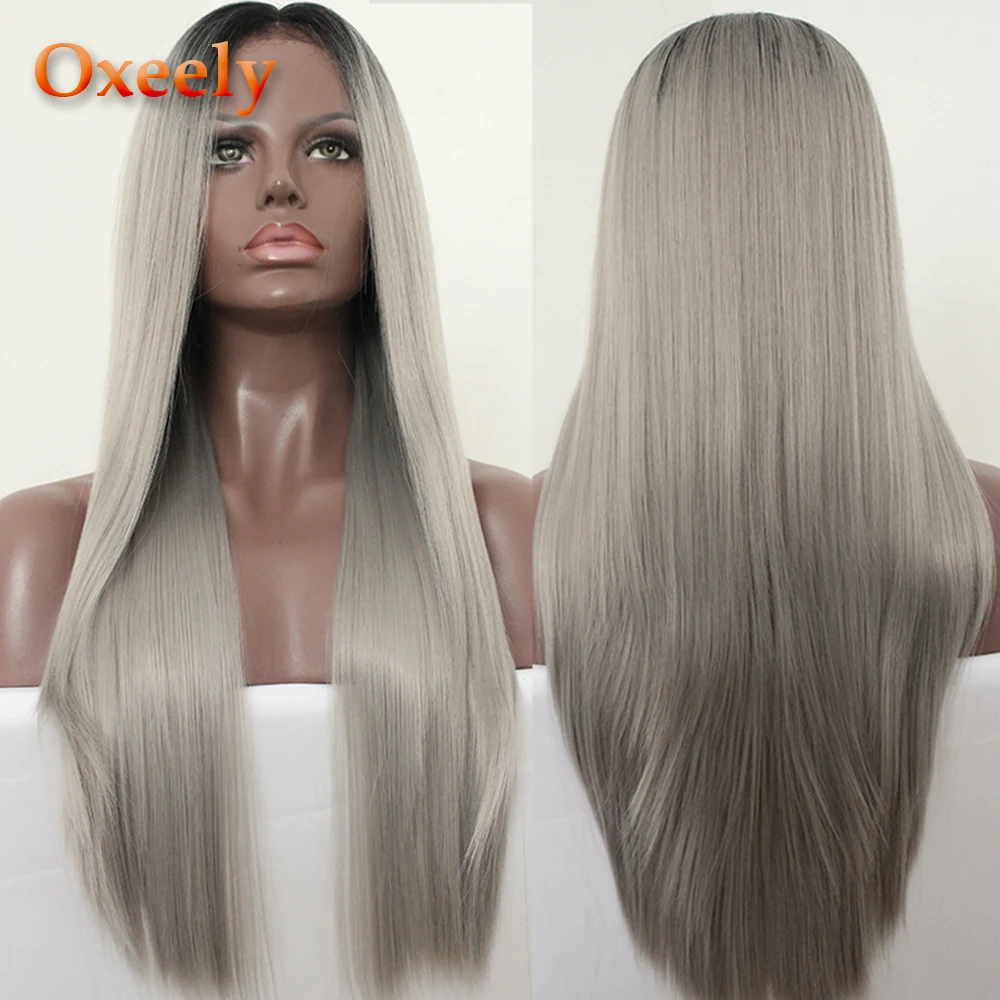 

Oxeely Long Straight Lace Front Wigs Ombre Gray Wig Heat Resistant Synthetic Natural Silver Grey Straight Wigs for Black Women