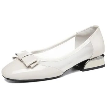 

2020 New Summer Bow Mesh Patent Leather Low-heel Sandals Light Color Fashion Sandals Elegant Sweet Women Sandals Large Size 43