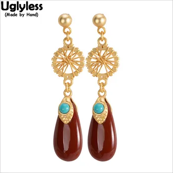 

Uglyless Coral Red Agate Water Drop Earrings for Women Vintage 925 Silver Hollow Medals Brincos Ethnic Turquoise Earrings Gold