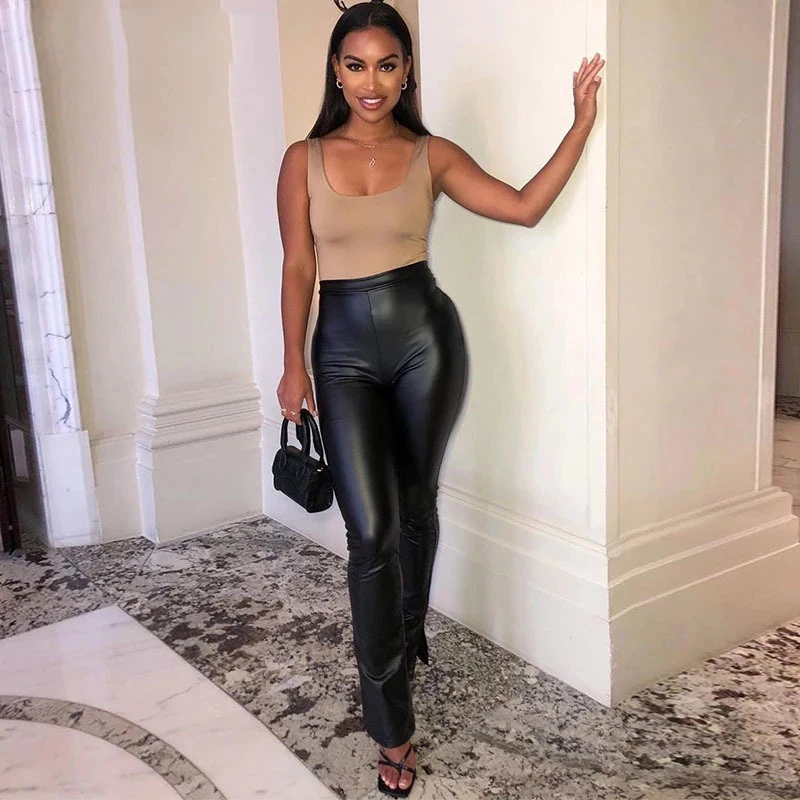 

Fall Winter Black Faux PU Leather Women Pencil Pants Side Split Skinny Bodycon High Waist Tight Trouser 2020