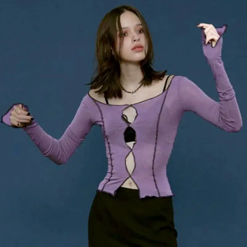 Zoulv Spring 2021 Women's Long Sleeve Tops Hollow Split Hem Autumn Street Clothing Slim Sexy Cotton Ladies Casual Stitching Tee | Женская