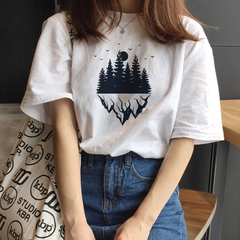 

Harajuku Black Forest Letter Print Short Sleeve T-Shirt Summer New ulzzang Funny Large Size Loose O-neck Casual Women T-Shirt