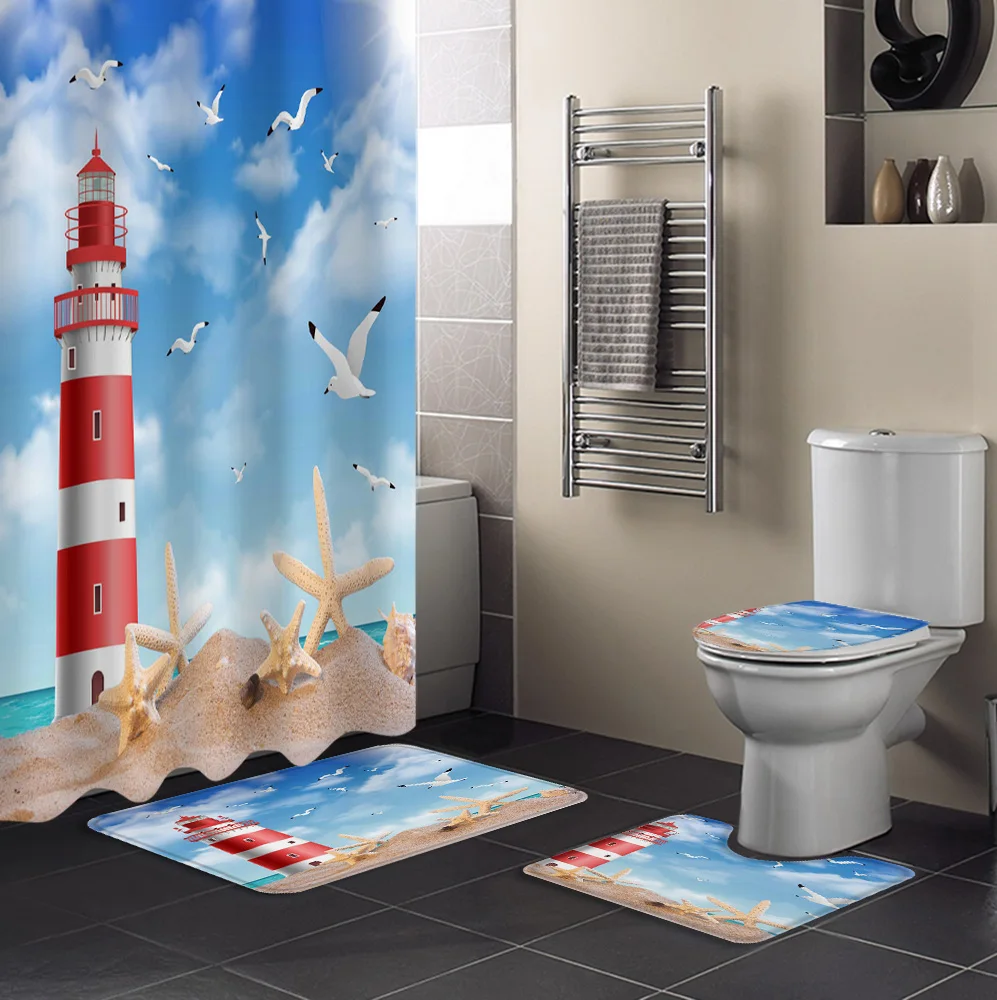 Sea Beach Lighthouse Starfish Seagull Shower Curtain Sets Non Slip