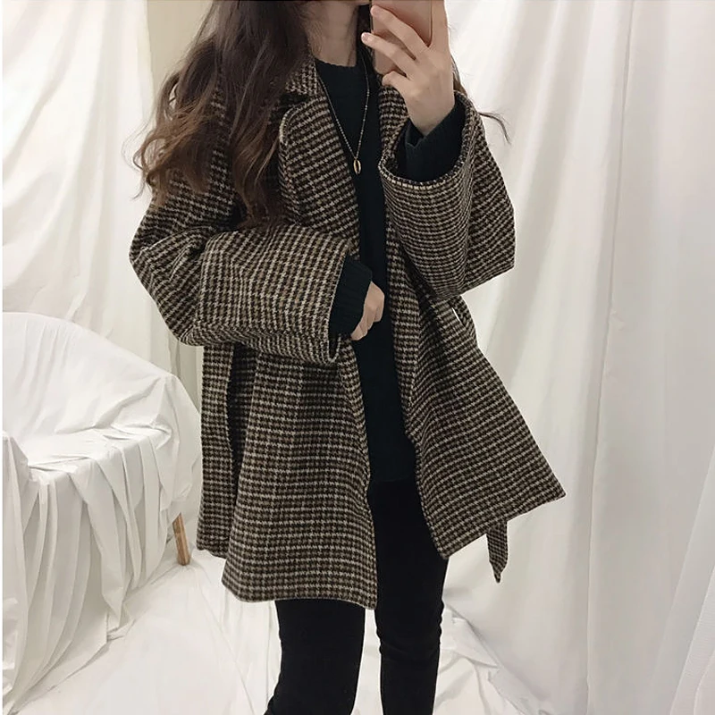

2020 New Arrivals Retro Woolen Suit Outwear Korean Chic Long-sleeved Lace-up Slim Waist Loose Jacket Casual Lady Outwear