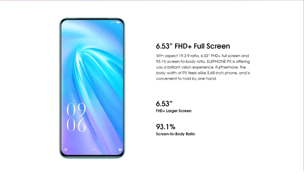 Elephone PX 6,53 "FHD + полный экран 16MP всплывающая камера глобальный мобильный телефон Android 9,0 отпечатков пальцев четырехъядерный смартфон 2019