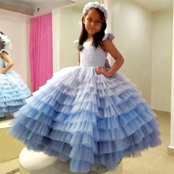 

Amaya Sky Blue Tiered Puffy Flower Girls Dresses for Party Sleeveless Pearls Kids Communion Birthday Dress Pageant Gown