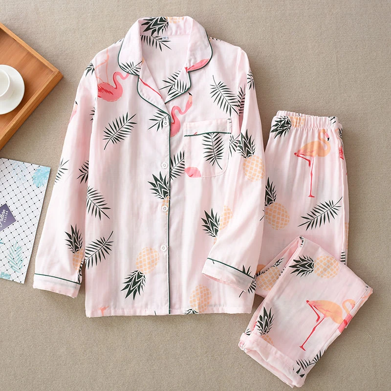 Пижамы Hanfu, хлопковые, марлевые пижамы, женские, с длинным рукавом, двухслойная пряжа, хлопок, милый домашний костюм, Пижама для женщин