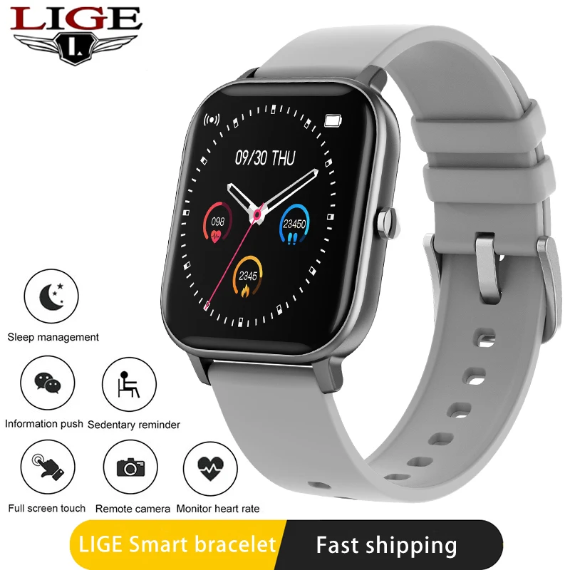 LIGE New Full screen touch Clock P8 Smart Watch Wristband Men Women Sport Heart Rate Monitor Sleep IP67 Smartwatch | Электроника