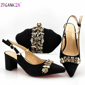 

New Arrivals Black Color African Matching Shoes and Bag Set with Shinning Crystal Comfortable Heels for Black Color Party