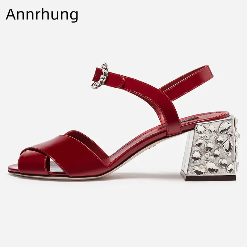 

Sweet Crystal Jewelled Sandals Shiny Patent Leather Shoes Women Crossover Belt Peep Toe Rhinestone Decor Block Heels Sandalias