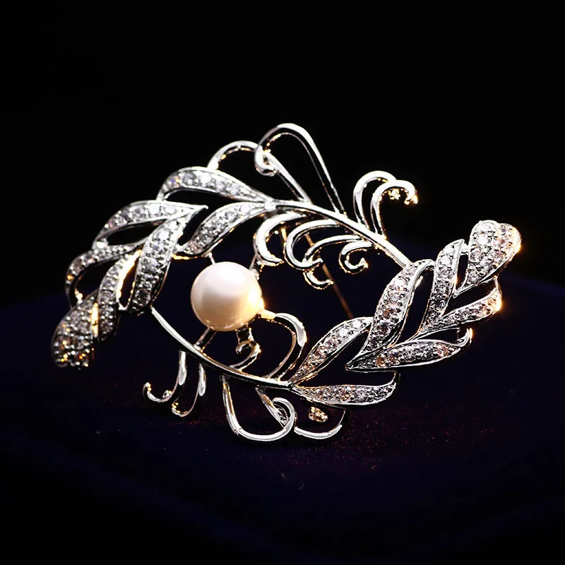 

Versitile Fashion Top Grade Natural Freshwater Pearls Delicacy Micro Zircon Double Leaf Brooch Corsage Brooch Elegant Women's