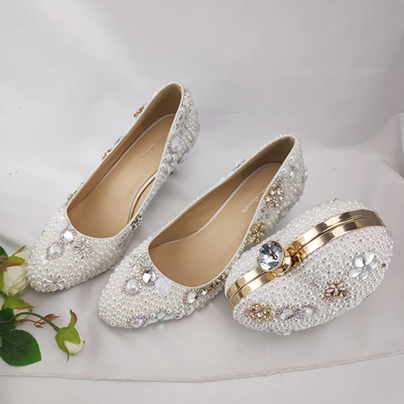 Pure White Pearl Wedding Dress Shoes With Purse 6cm Middle Heel