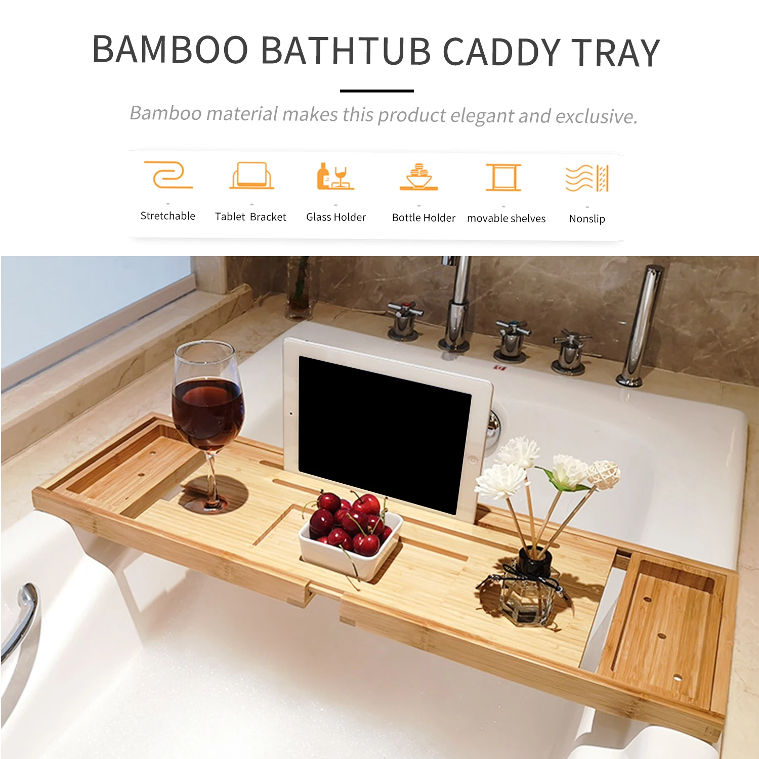 Extendable Bamboo Bathtub Tray Caddy Wooden Bath Organizer Rack