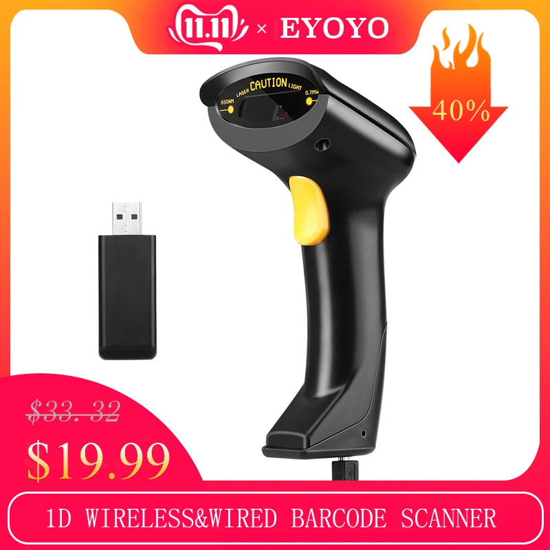 

Eyoyo EY-800 1D Wireless Barcode Scanner 2-in-1 2.4G 1D Image Scanner with USB Receiver Work with PC POS Multi Languages Scanner