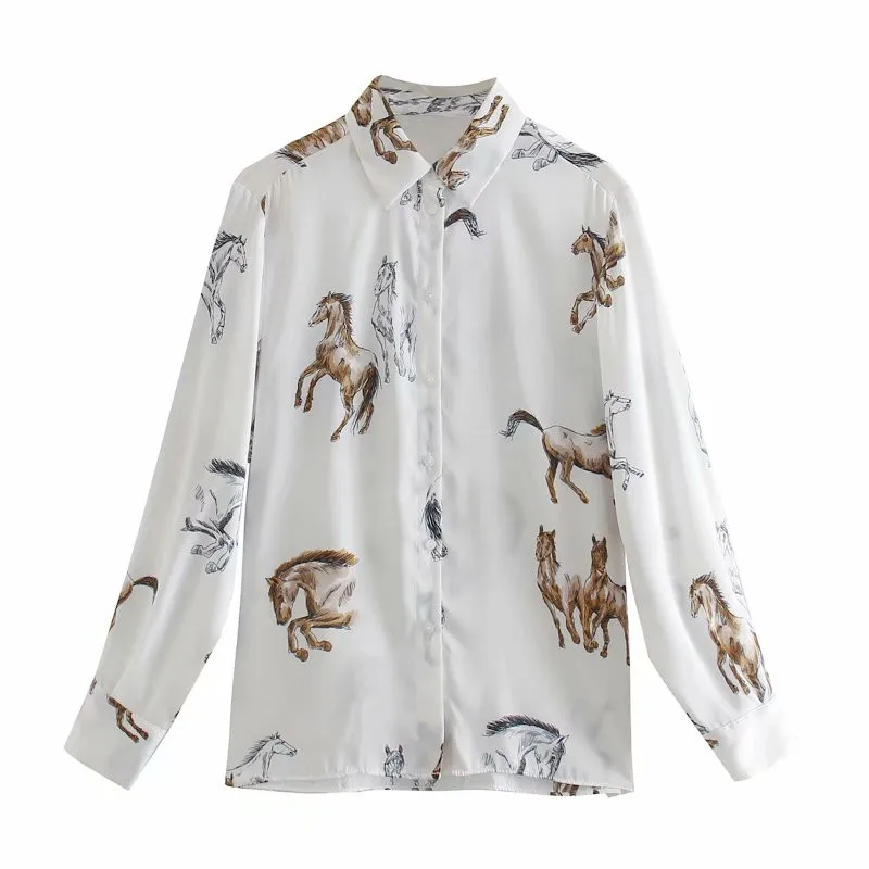 Evfer Women Casual Horse Print Autumn Za White Blouse Female Elegant