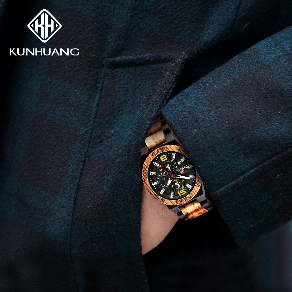 KUNHUANG новые спортивные деревянные часы многофункциональные кварцевые мужские часы деревянные часы большие часы KH1019