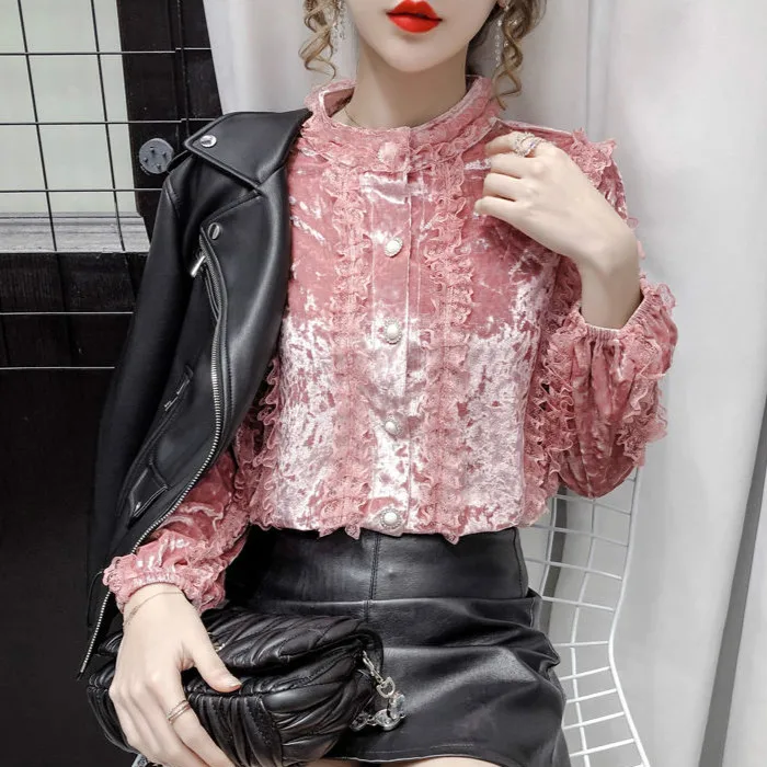 Женская бархатная блузка с длинным рукавом свободная кружевная длинными